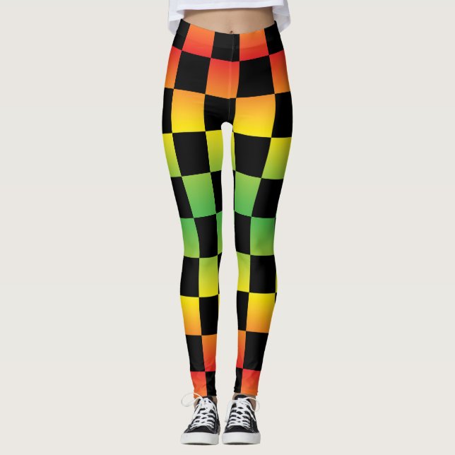 Red Yellow Green Rasta Ombre Checkerboard Leggings (Vorderseite)