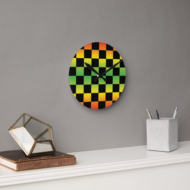 Red Yellow Green Rasta Ombre Checkerboard Runde Wanduhr (Büro)