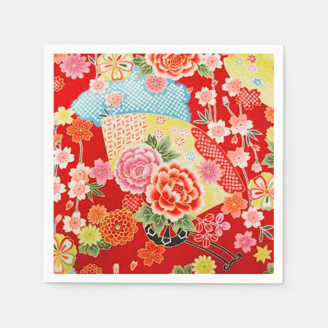 Red Yellow Japanese Kimono Floral Decoupage Paper Serviette (Vorderseite)