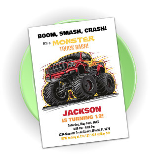 Red Yellow Monster Truck Birthday Einladungen