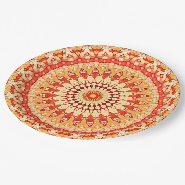 Red Yellow Orange Summer Sun Mandala Pattern Pappteller (Schrägansicht)