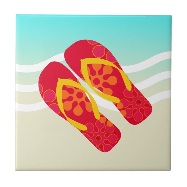 Red Yellow Summer Beach Flip Flops Fliese (Vorderseite)
