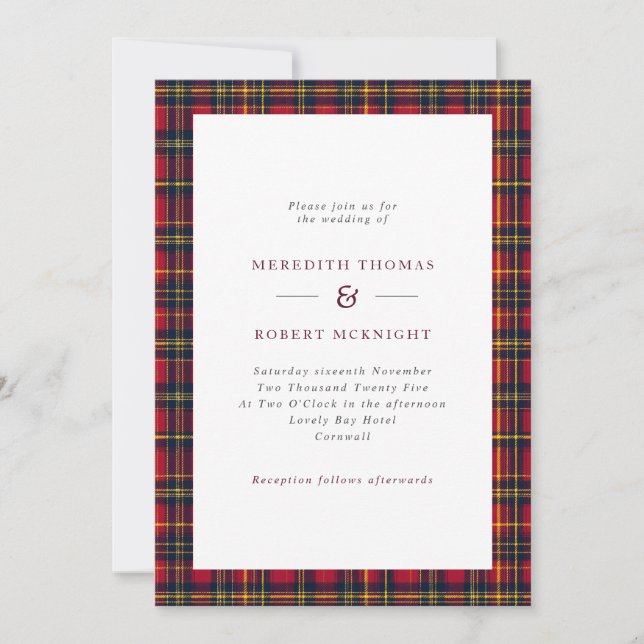 Red & Yellow Tartan Scottish Winter Wedding Einladung (Vorderseite)