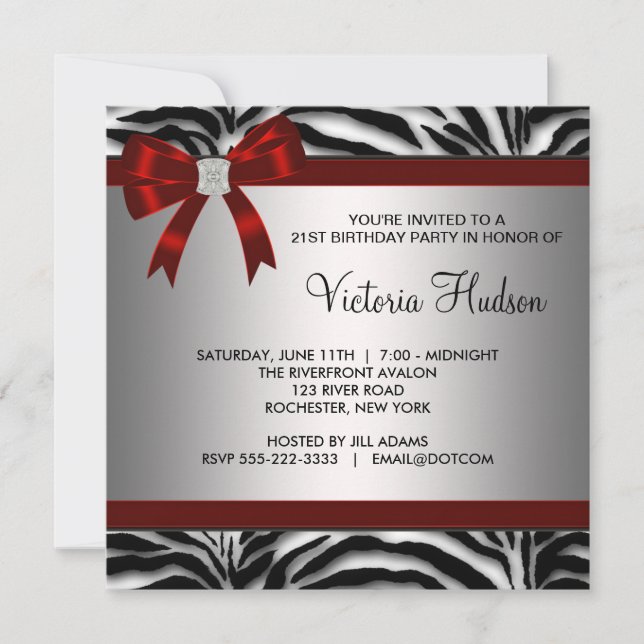 Red Zebra Girl Womans Birthday Party Einladung (Vorderseite)