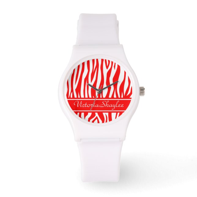 Red Zebra Print mit benutzerdefiniertem Text Armbanduhr (Vorderseite)