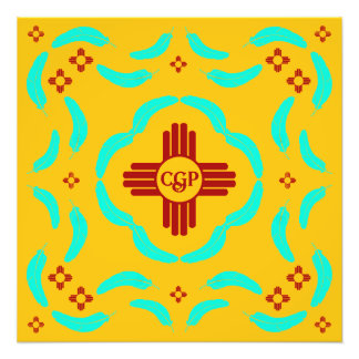 Red Zia Symbols New Mexico Türkis Feathers Fotodruck