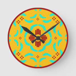 Red Zia Symbols New Mexico Türkis Feathers Runde Wanduhr