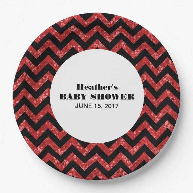 Red Zickzack Glitzer Baby Showpapier Teller (Vorderseite)