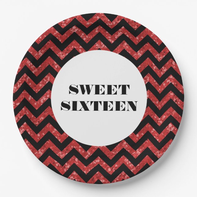 Red Zickzack Glitzer Sweet 16 Paper Tellers Pappteller (Vorderseite)