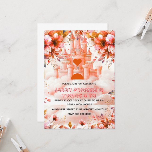 Redaktioneller Vier je eine Prinzessin 4. Geburtst Einladung (Vorderseite/Rückseite Beispiel)