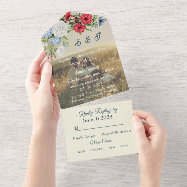 REDBLUE FLORA WEDD INVITATION ALL IN ONE EINLADUNG (Abreißen)