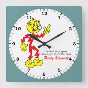 Reddy Kilowatt Pointing, Full of Spark Quadratische Wanduhr