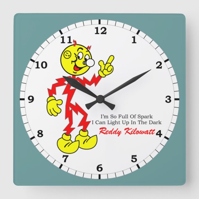 Reddy Kilowatt Pointing, voll von Spark Quadratische Wanduhr (Vorderseite)