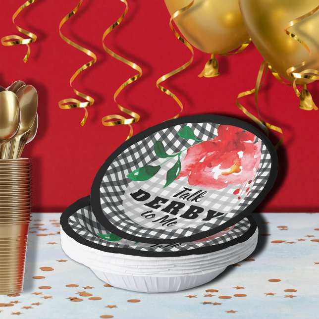 Rede von Derby zu Me Rose über Gingham Pappteller (Talk Derby to Me red rose on black and white gingham paper bowls)