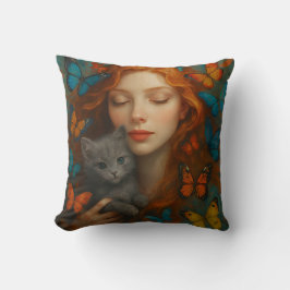 Redhead and kitten Throw Pillow Kissen