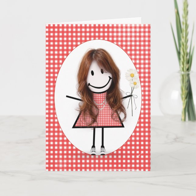 Redhead Birthday Strichmännchen Girl on Gingham Karte (Vorderseite)