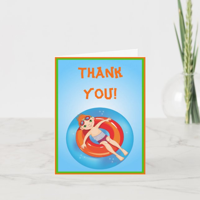 Redhead Boy Pool Party Vielen Dank Note Card Dankeskarte (Vorderseite)
