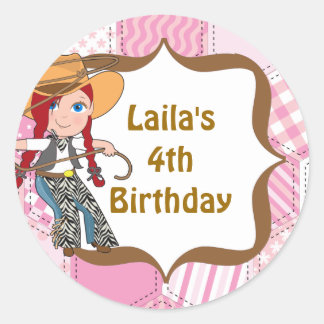 Redhead Cowgirl Birthday Party Gefallen Labels Runder Aufkleber