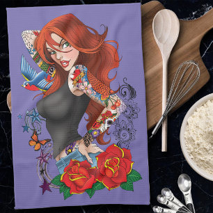 Redhead Frau Tattoos Geschirrtuch