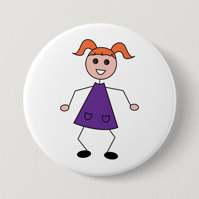 Redhead Girl Stick Figure in Purple Dress Button (Vorderseite)