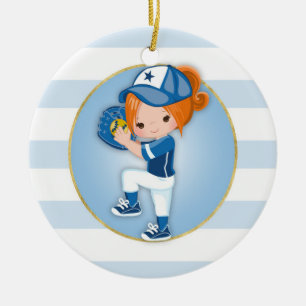Redhead-Mädchen-Blau-Softball Keramik Ornament