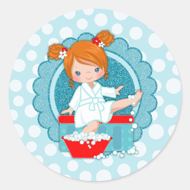 Redhead Spa Girl Bubbles Turquoise Red White Runder Aufkleber (Vorderseite)