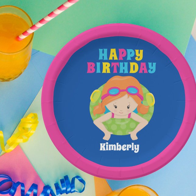 Redhead Swim Girl Custom Pool Party Happy Geburtst Pappteller (Von Creator hochgeladen)
