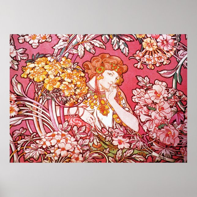 Redhead unter Blume, Alphonse Mucha Poster (Vorne)