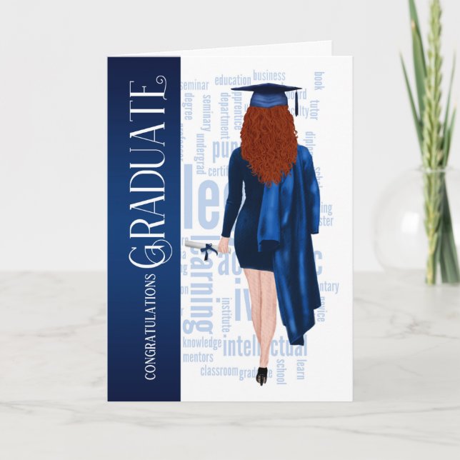 Redhead Weibliche Blue Cap und Gown Graduate Karte (Vorderseite)