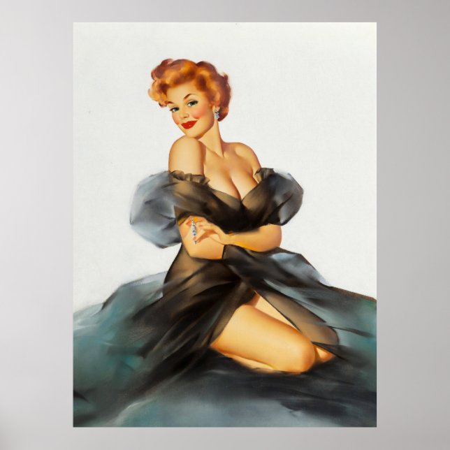 Redhead with Black Negligee Pinup Art Poster (Vorne)