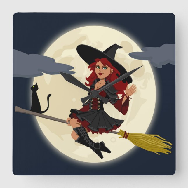 REDHEADED HALLOWEEN WITCH QUADRATISCHE WANDUHR (Vorderseite)