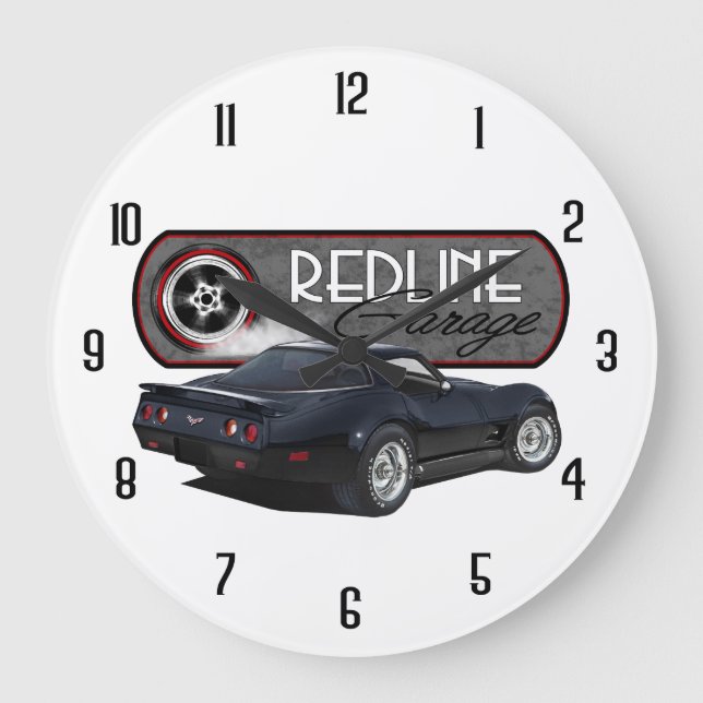 Redline Garage Black Vette Große Wanduhr (Vorderseite)