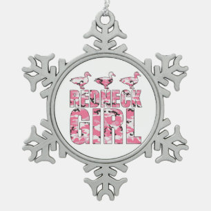 Redneck-Mädchen duckt rosa Schneeflocken Zinn-Ornament
