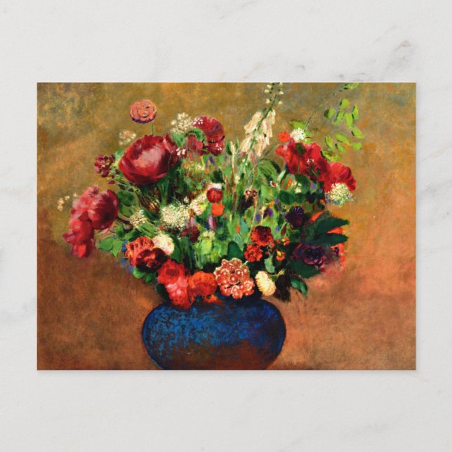 Redon - Poppies und Sweet William in einer blauen  Postkarte (Vorderseite)