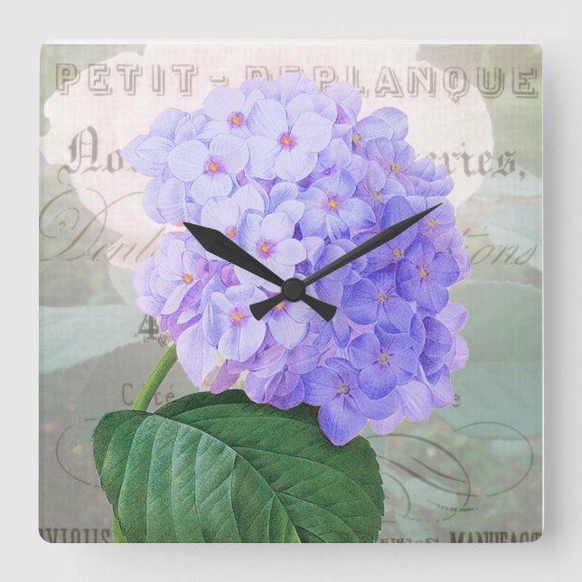 Redoute Hydrangea Shabby French Accessoire Quadratische Wanduhr (Vorderseite)