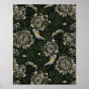 Redstarts in den Chrysanthemen in grün und weiß Poster