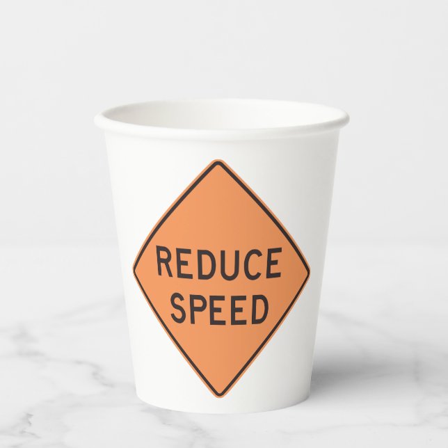 Reduce Speed Orange Diamond Road Sign Pappbecher (Vorderseite)
