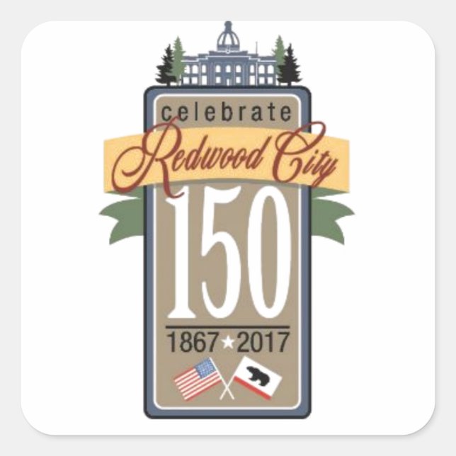 Redwood City 150 Jahre Quadratischer Aufkleber (Vorderseite)