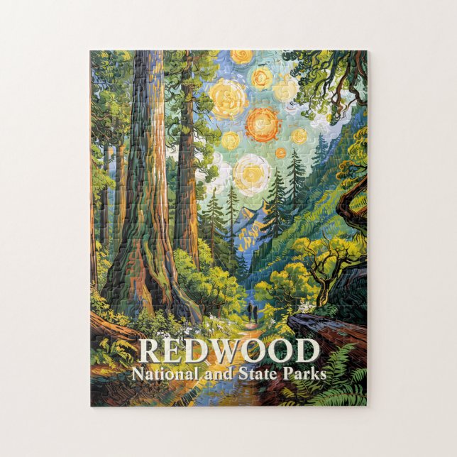 Redwood Mountain Forest Colorful Hiking Painting Puzzle (Vertikal)