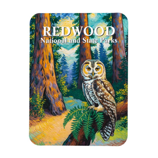 Redwood National Park Forest Owl Van Gogh Style Magnet (Vertikal)