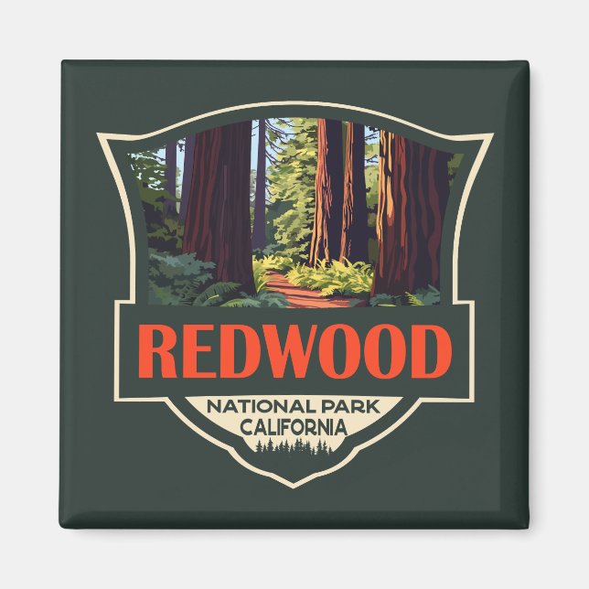 Redwood National Park Illustration Retro Abzeichen Magnet (Vorne)