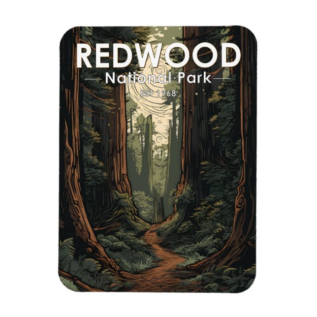 Redwood National Park Illustration Trail Vintag Magnet (Vertikal)