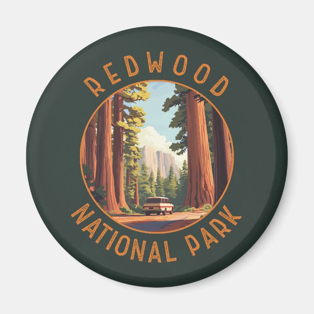 Redwood National Park Retro Distressed Circle Magnet (Vorne)