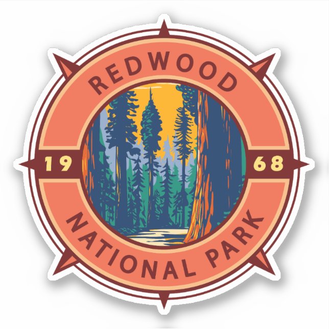 Redwood National Park Retro Kompass Emblem Aufkleber (Vorderseite)