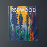 Redwood Nationalpark California Vintag Wandteppich<br><div class="desc">Redwood Vektorgrafik Design. Der Park schützt riesige Prärien,  Eichenwälder,  wilde Flüsse und 75 km schroffe Küstenlinie.</div>