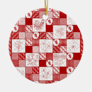 Redwork Stitched-Blume Quilt-RED- Keramik Ornament