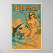 Reel Beach Shark Fishing Pin Up -Retro Coastal Ar