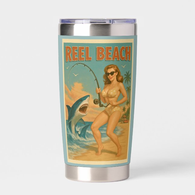 Reel Beach Shark Fishing Pin-Up Retro Coastal Art Thermobecher (Vorderseite)
