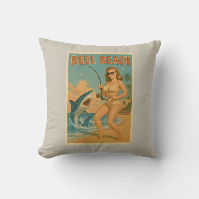 Reel Beach Shark Fishing Pin-Up Retro Coastal Life Kissen (Vorderseite)