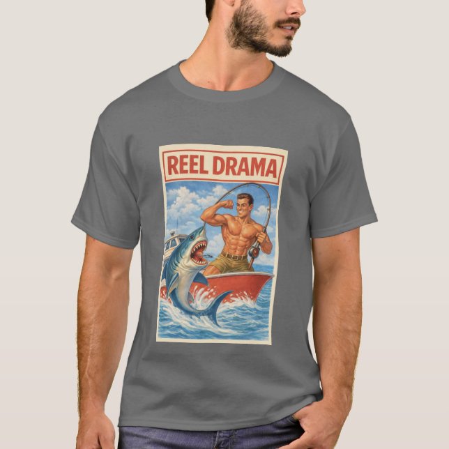 Reel Drama Shark Fisherman | Funny Retro Boating T-Shirt (Vorderseite)